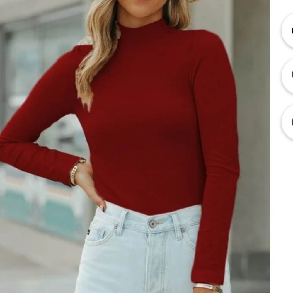 Long Sleeve Mock Neck Slim Ribbed Top - LARGE Wine Red. - NEW